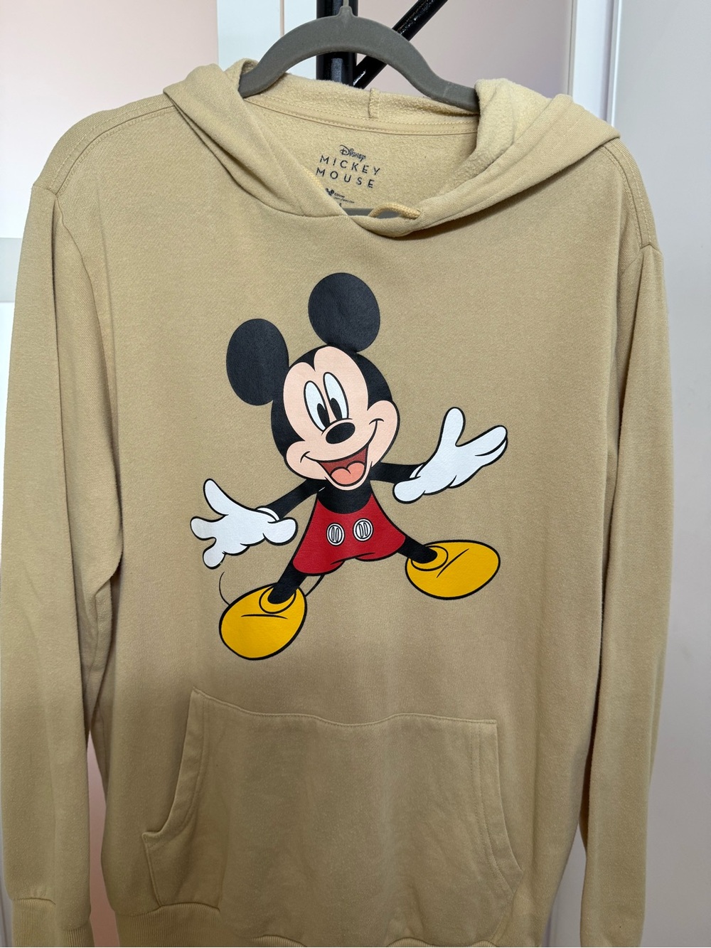 Disney Tan Hoodie with Classic Mickey Mouse Graphic, Size Medium.